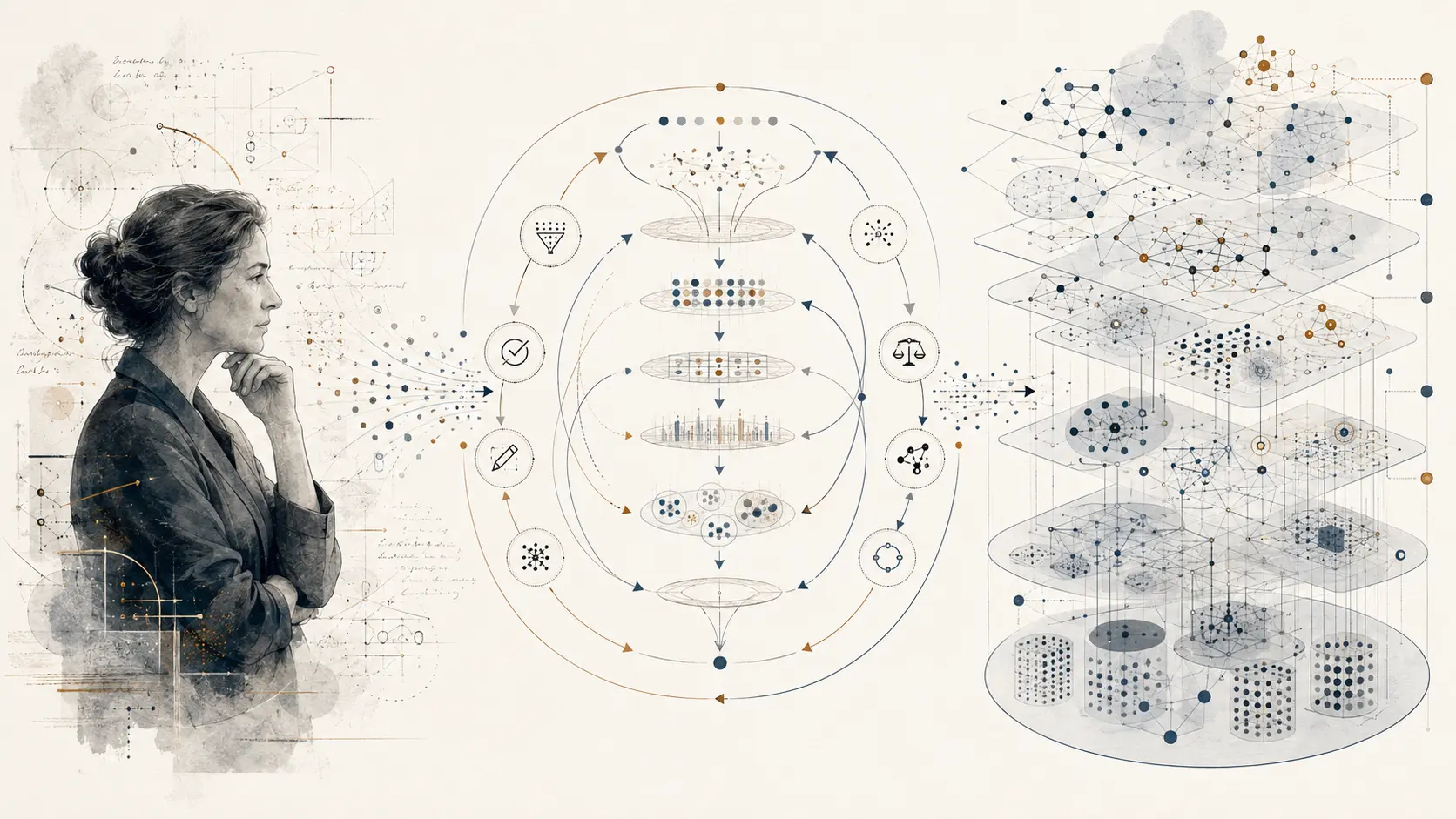 Ilustración conceptual del conocimiento tácito humano, los ciclos de aprendizaje y el conocimiento acumulado por sistemas de inteligencia artificial.